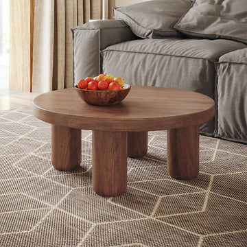 24″ Round Wooden Coffee Table - Solid Wood Base with 4 Legs - Walnut Top - Japandi Style Minimalist